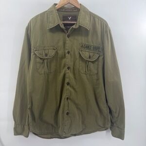 American Eagle Mens XL Vintage Fit Military Button Down Shirt Olive Green Cotton